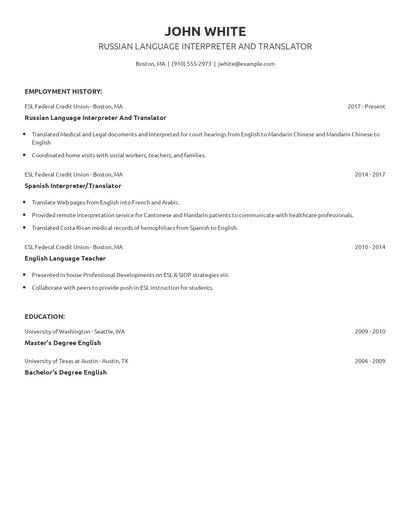 Russian Language Interpreter And Translator Resume