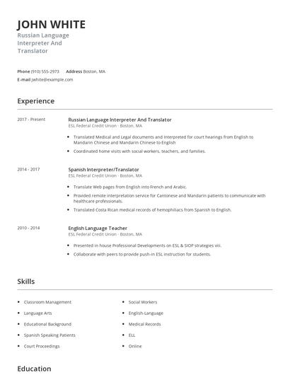 Russian Language Interpreter And Translator Resume