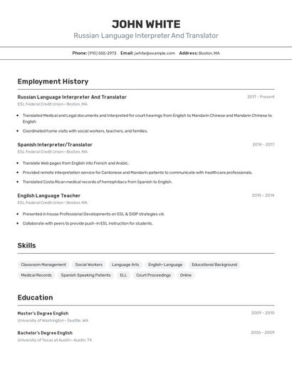 Russian Language Interpreter And Translator Resume