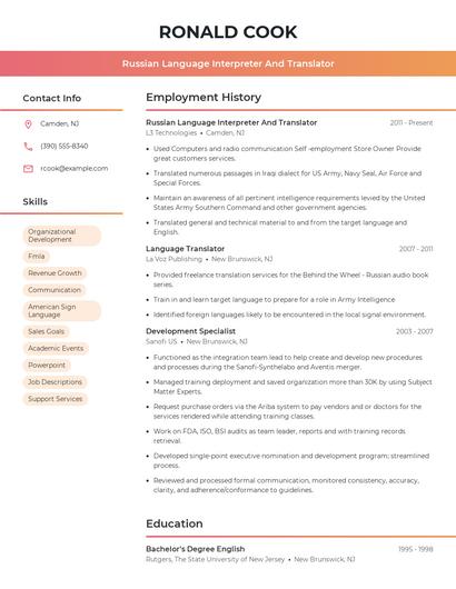 Russian Language Interpreter And Translator Resume