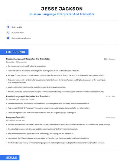 Russian Language Interpreter And Translator Resume