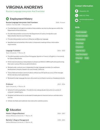 Russian Language Interpreter And Translator Resume