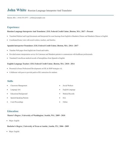 Russian Language Interpreter And Translator Resume