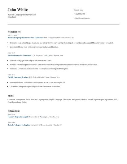 Russian Language Interpreter And Translator Resume