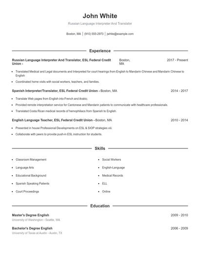 Russian Language Interpreter And Translator Resume