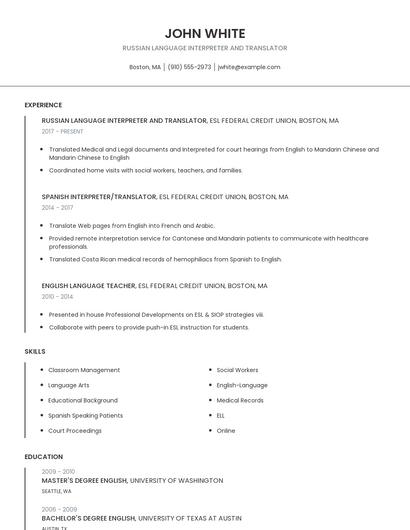 Russian Language Interpreter And Translator Resume