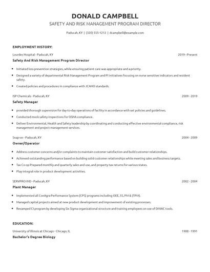 Safety And Risk Management Program Director Resume
