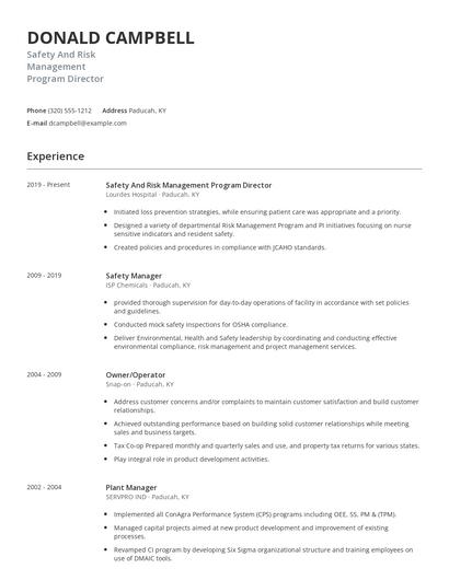 Safety And Risk Management Program Director Resume