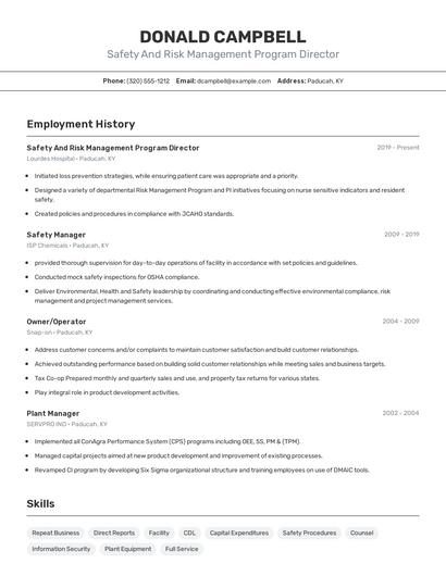 Safety And Risk Management Program Director Resume