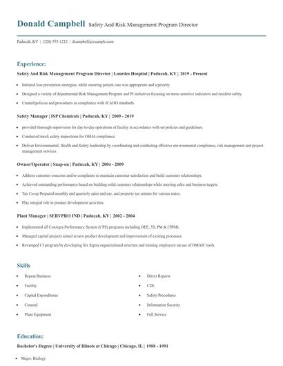 Safety And Risk Management Program Director Resume