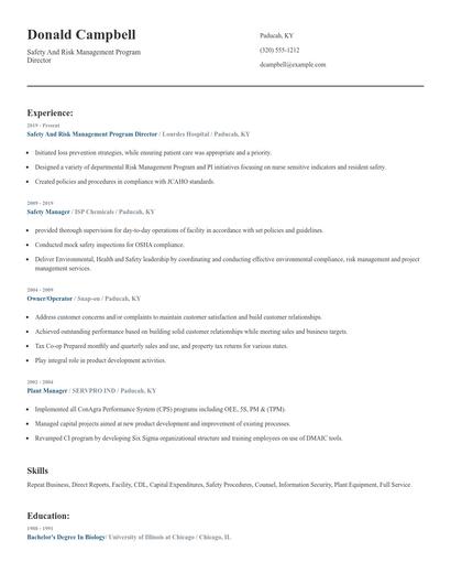 Safety And Risk Management Program Director Resume