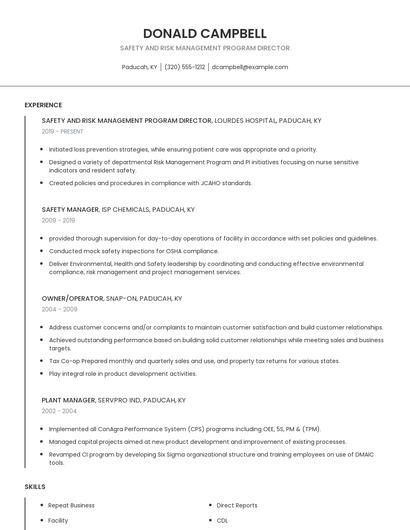 Safety And Risk Management Program Director Resume