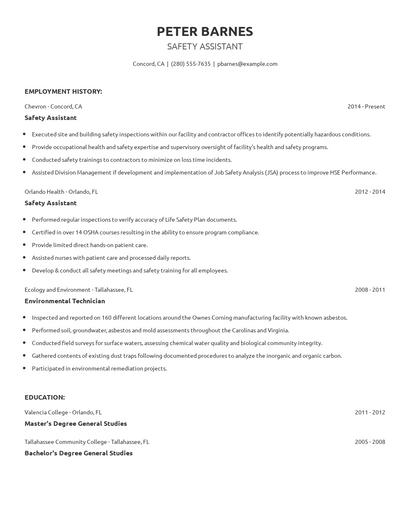 Safety Assistant Resume
