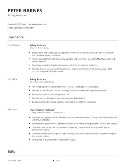 Safety Assistant Resume
