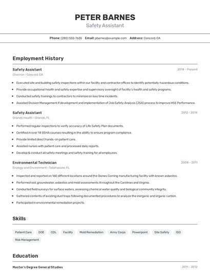 Safety Assistant Resume