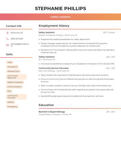 Safety Assistant Resume
