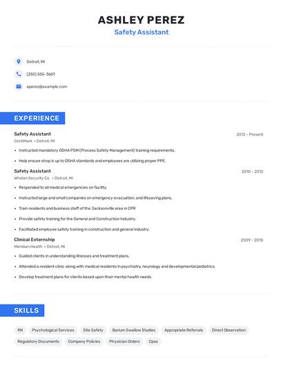 Safety Assistant Resume