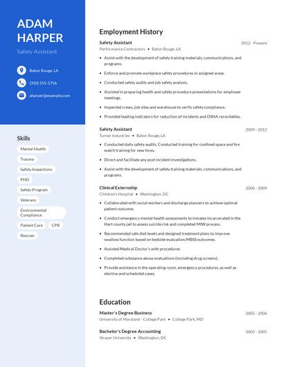 Safety Assistant Resume