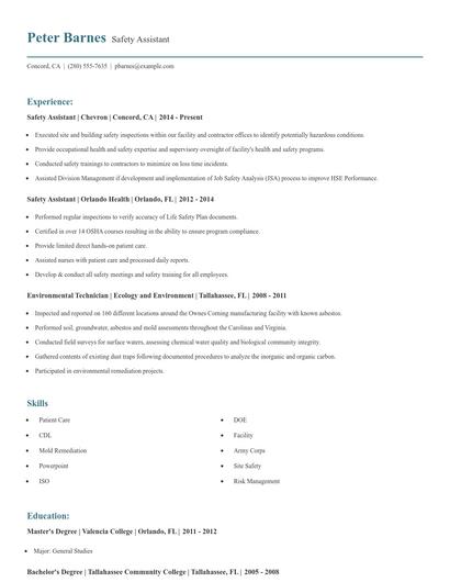 Safety Assistant Resume