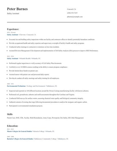 Safety Assistant Resume
