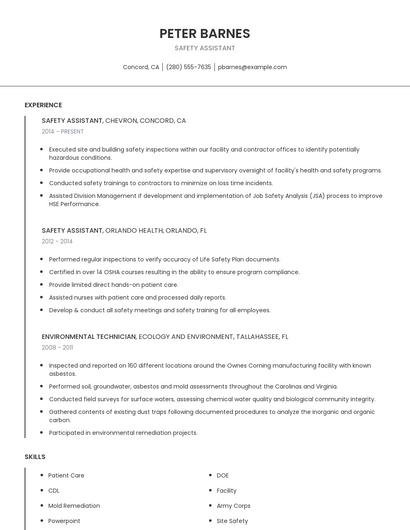 Safety Assistant Resume