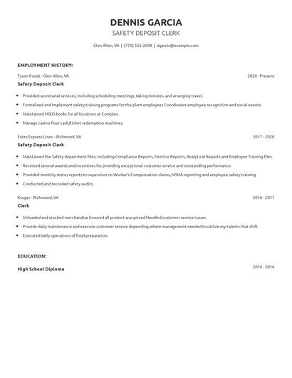 Safety Deposit Clerk Resume