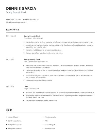 Safety Deposit Clerk Resume