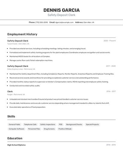 Safety Deposit Clerk Resume