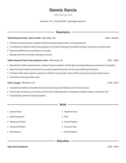 Safety Deposit Clerk Resume