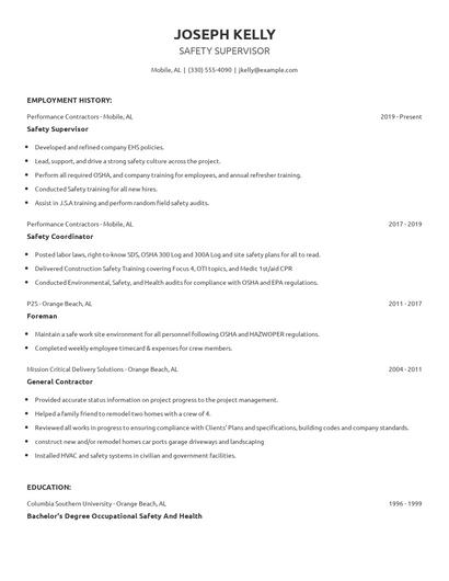Safety Supervisor Resume