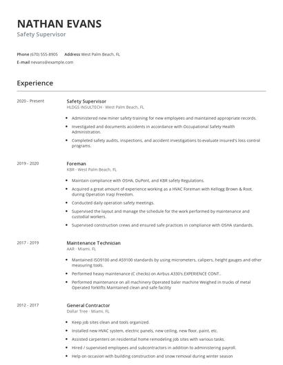 Safety Supervisor Resume