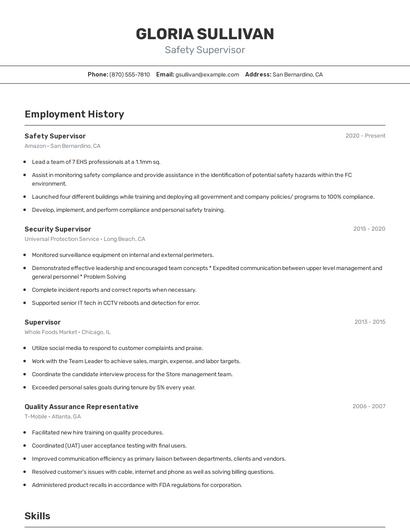 Safety Supervisor Resume