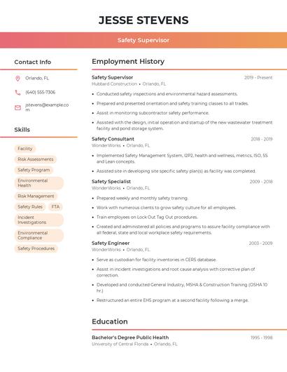 Safety Supervisor Resume