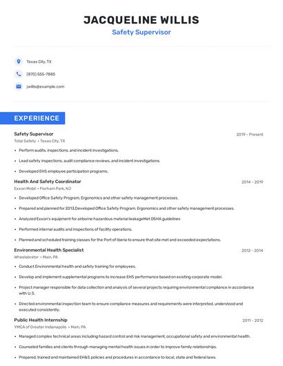 Safety Supervisor Resume