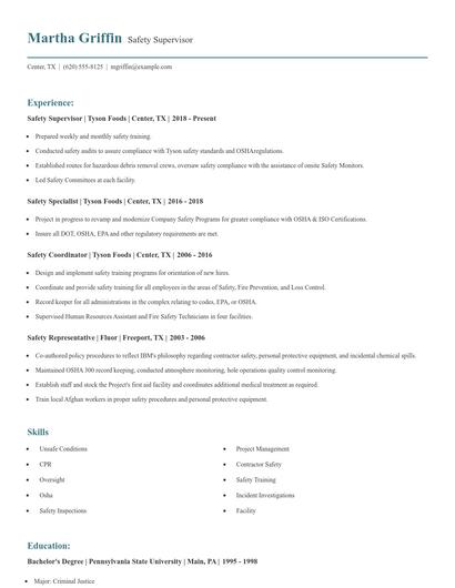 Safety Supervisor Resume