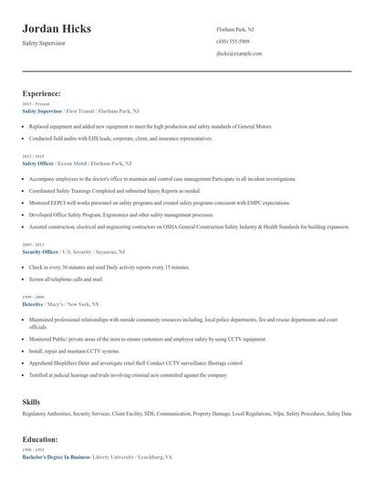 Safety Supervisor Resume