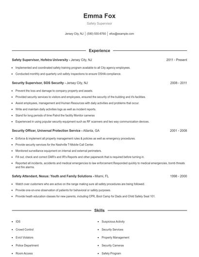 Safety Supervisor Resume