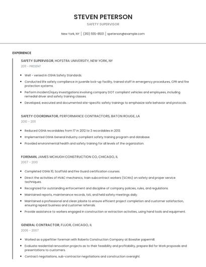 Safety Supervisor Resume