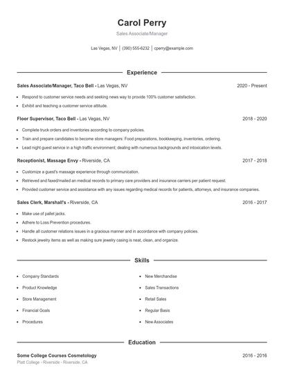 Sales Associate/Manager Resume