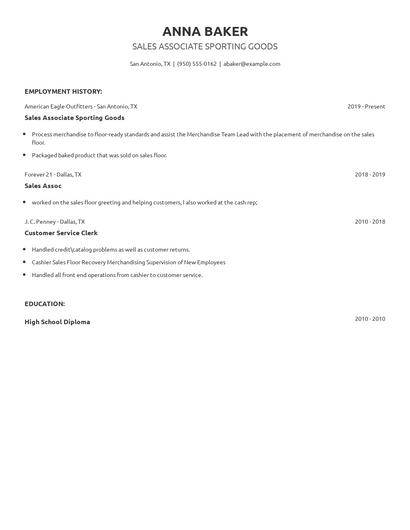 Sales Associate Sporting Goods Resume