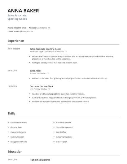 Sales Associate Sporting Goods Resume