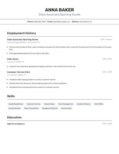 Sales Associate Sporting Goods Resume