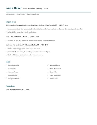 Sales Associate Sporting Goods Resume
