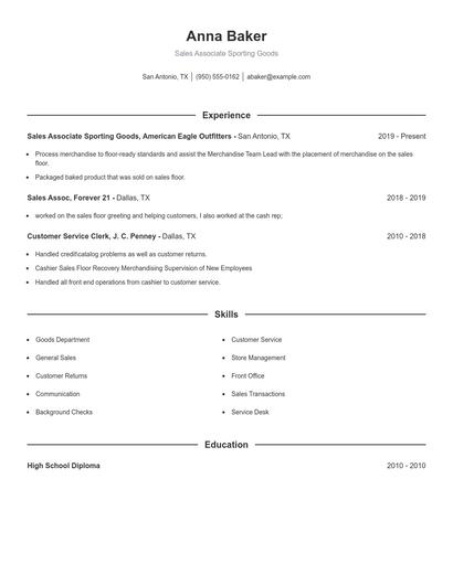 Sales Associate Sporting Goods Resume