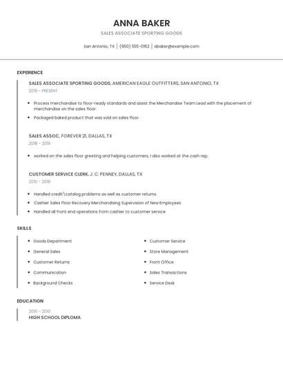 Sales Associate Sporting Goods Resume