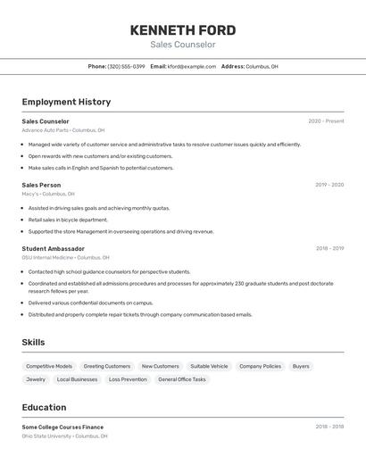 Sales Counselor Resume