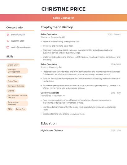 Sales Counselor Resume