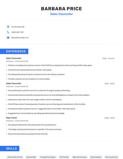 Sales Counselor Resume