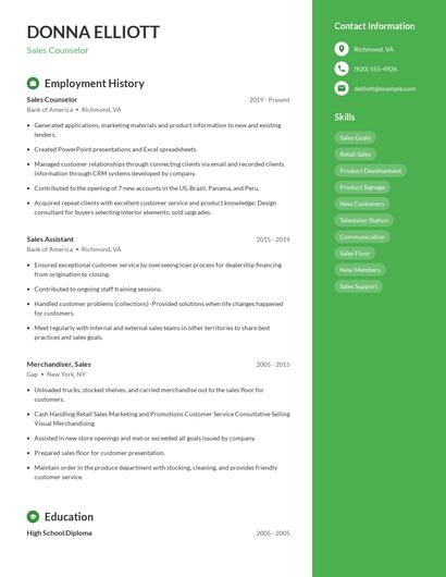 Sales Counselor Resume