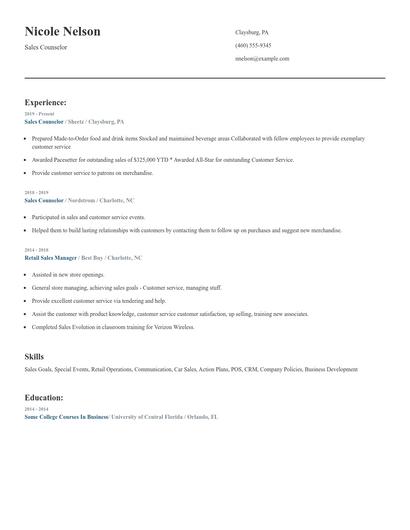 Sales Counselor Resume